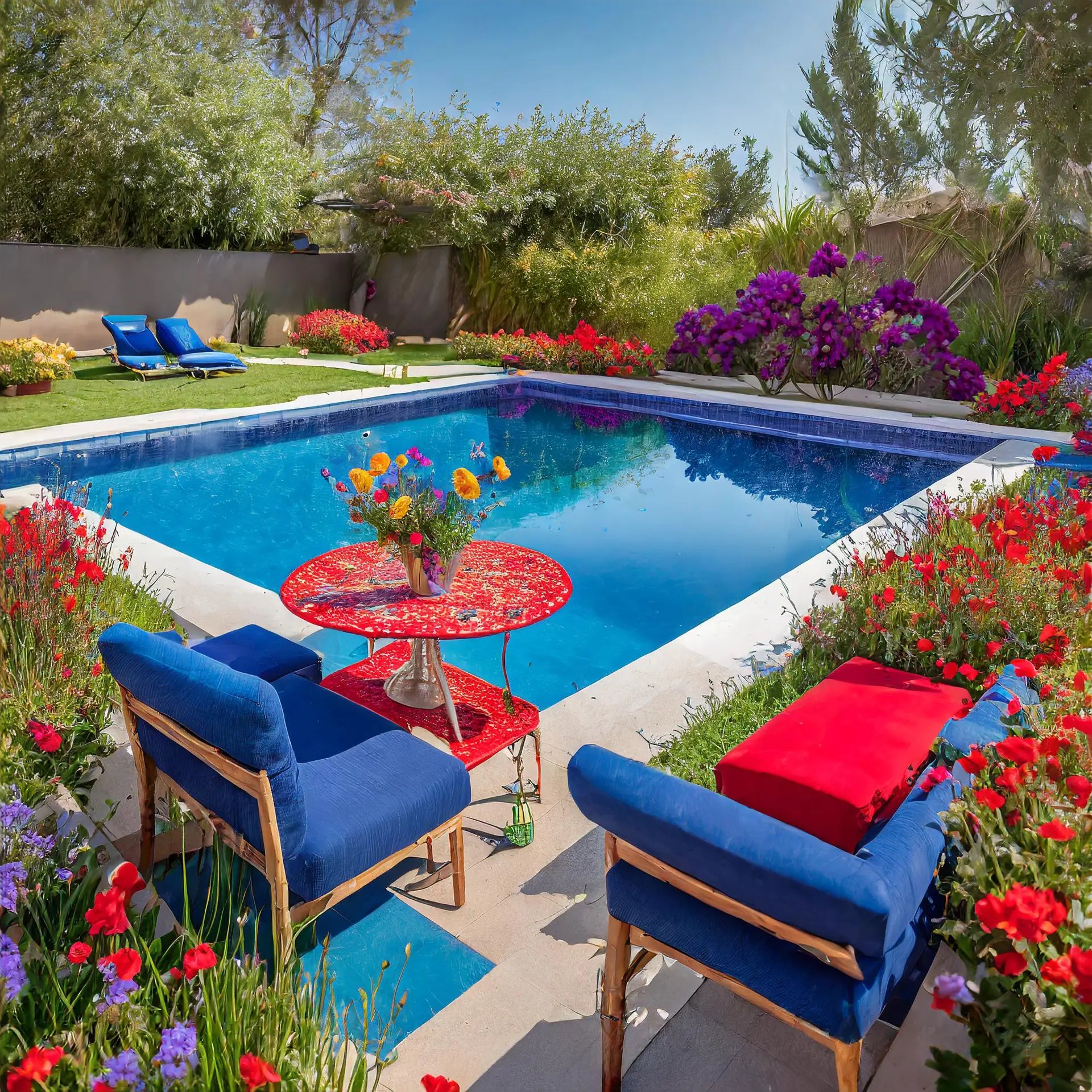 Fiberglass pools in primary colors with garden and easy landscape