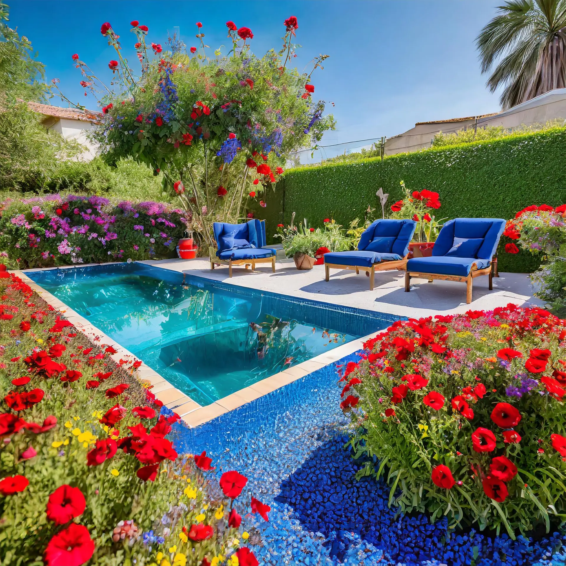 Fiberglass pool with navy blue and red as primary colors | Maryland and Virginia backyard design