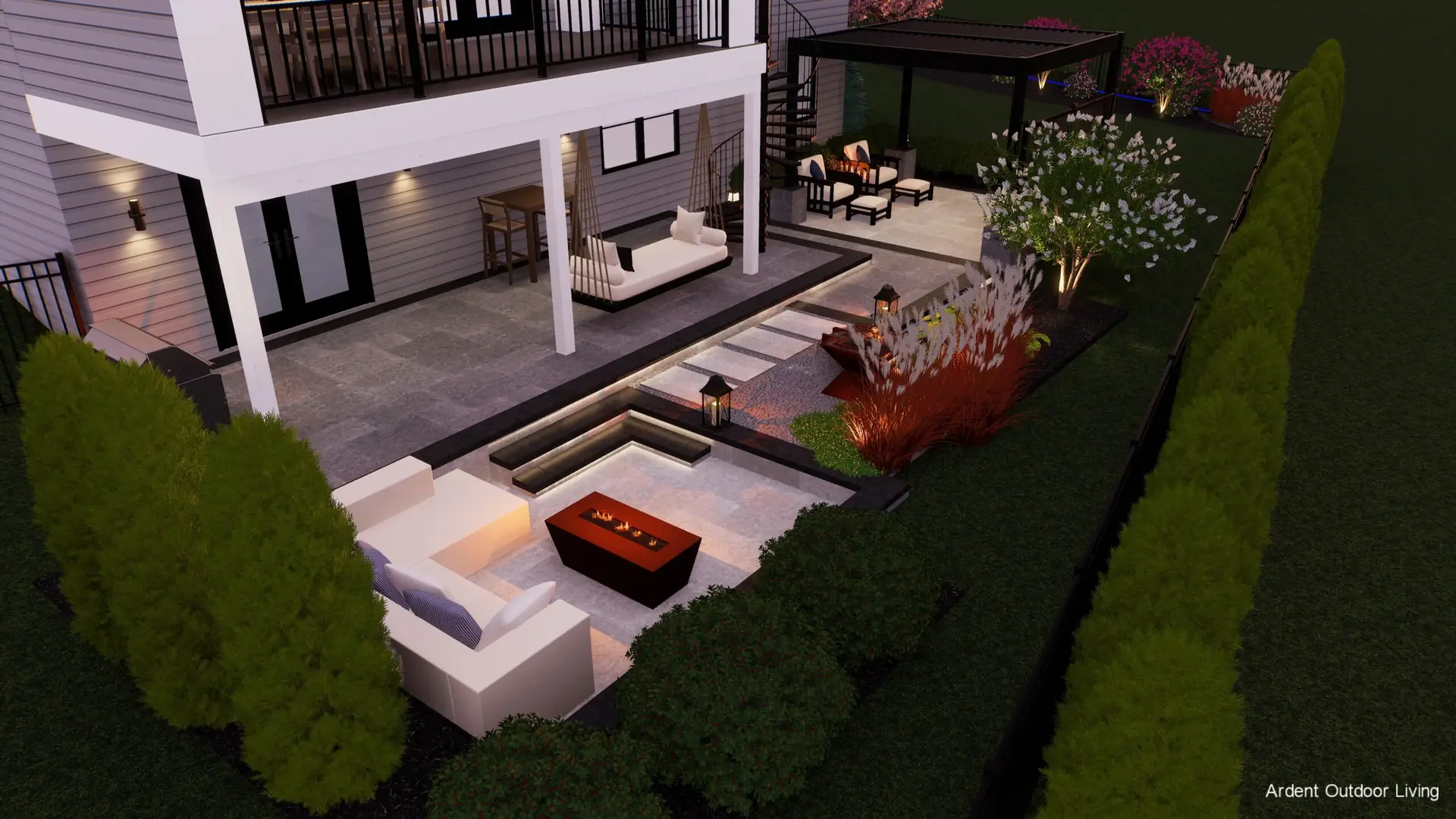 backyard oasis at night with firepit